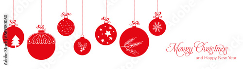 Merry christmas card with hanging ball decoration, garland with greeting text