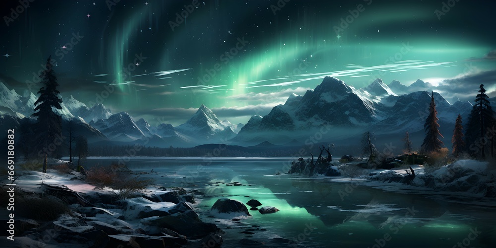 landscape view of icy mountains and rivers showing the aurora sky at night