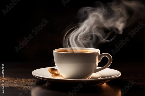 Cup of coffee with steam on dark