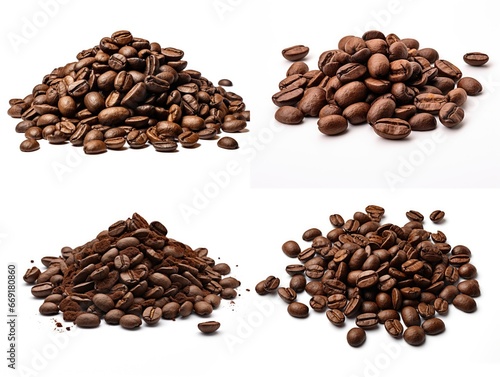 Pile of brown coffee beans isolated on white background.