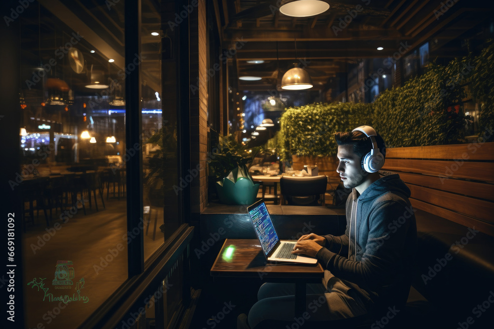 Freelancer man working on his laptop at cafe.