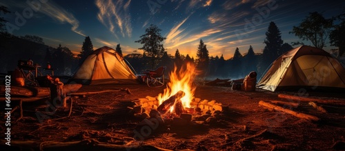night camping near a bright fire in a pine forest under a starry night sky. campfire, Tourism, camping concept photo
