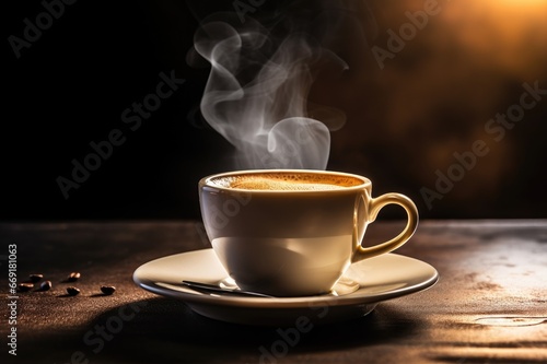 Cup of coffee with steam on dark