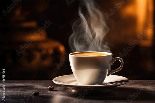 Cup of coffee with steam on dark