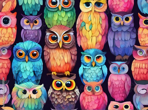 owls background knolling watercolour neon palette.