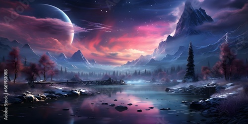 landscape view of icy mountains and rivers showing the aurora sky at night photo