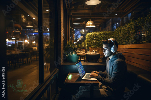 Freelancer man working on his laptop at cafe.