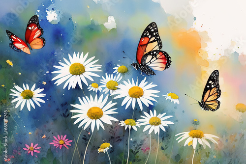 Watercolor illustration of butterflies fluttering over wild flowers in spring, Generative AI.