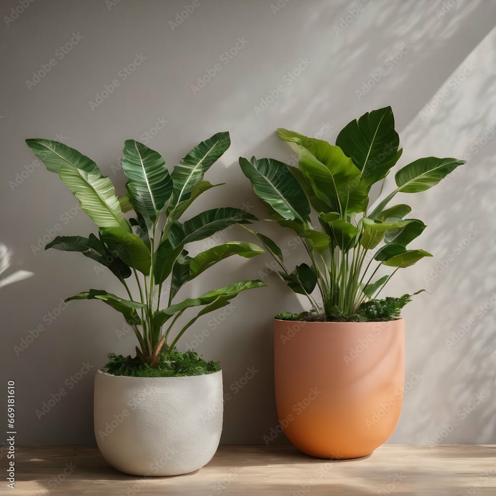 Fototapeta premium Plants in pots at wall background