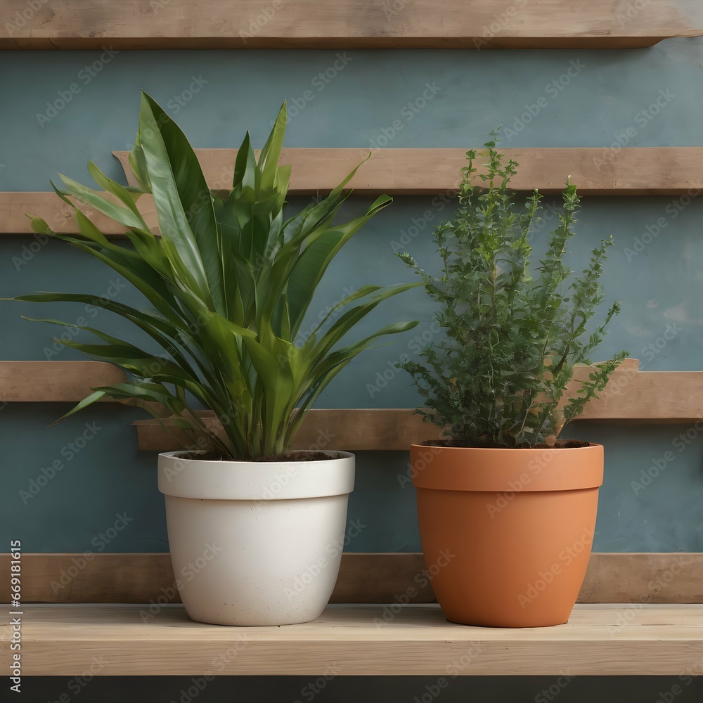Fototapeta premium Plants in pots at wall background