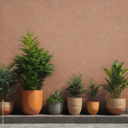 Plants in pots at wall background