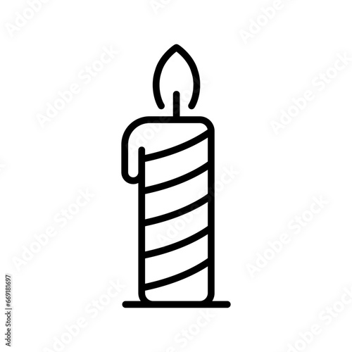 Burning striped candle icon. Holiday christmas lights with melted wax as symbol of romantic evening and religious vector atmosphere