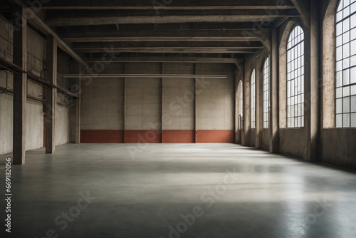 Interior of an empty industrial loft space, highlighting the raw concrete texture.