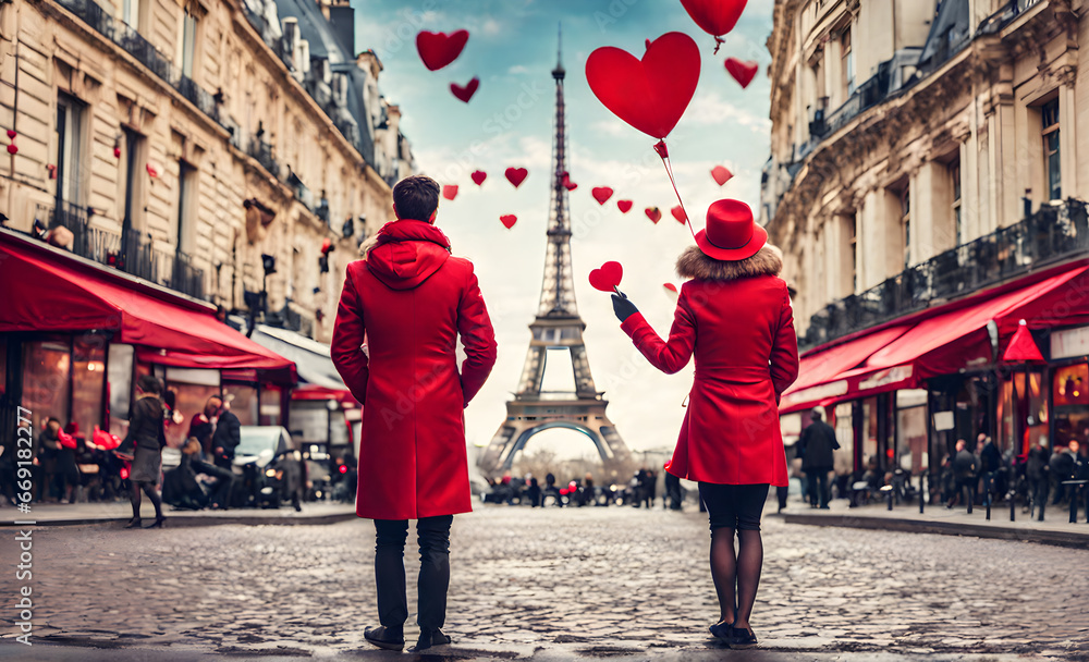 Romantic couple in Paris on Valentines Day - obrazy, fototapety, plakaty 