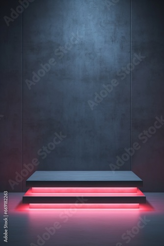 3D Beautiful minimalist background with gray podium and neon light generative ai