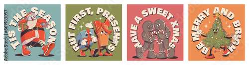 Christmas retro groovy posters, cards. Lettering illustration for t-shir print. Gingerbread man, Santa, Dancing tree, Walking gifts. Mascots . Merry Christmas and happy new year. Vector illustration.