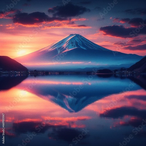 sunset in the mountains, View of japanese mount fuji