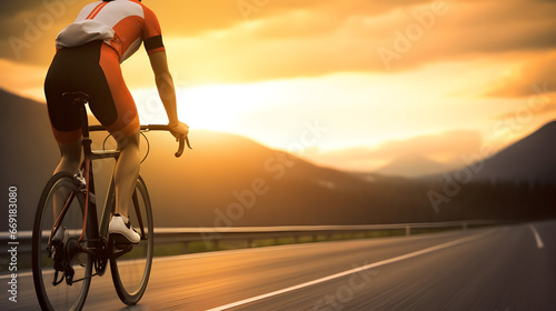 Healthy man riding bike on the road at sunset