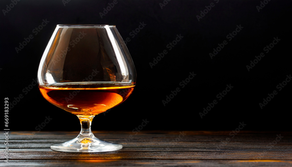 Glass of cognac on dark wooden table, isolated with black background.Generative AI Glass of cognac on dark wooden table, isolated with black background.Generative AI