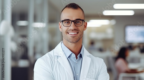 Happy young attractive caucasian Physician Man doctor Smiling and Looking at camera Posing With Stethoscope on clinik Background. Doctor's Portrait. Medical Career Concept. ai.