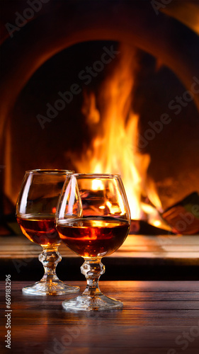 Cognac glasses on dark wooden table, isolated with a lit fireplace in the background. Generative AI