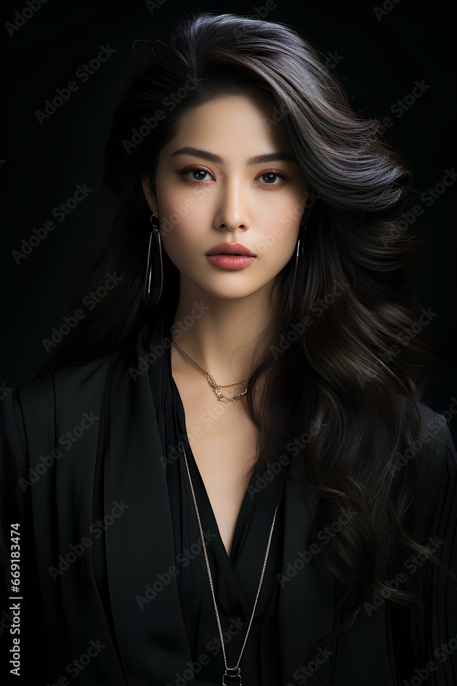Close-up of a high-fashion model with captivating asian features, exuding an air of refinement and grace. She wears a tasteful design outfit that highlights her unique beauty and personal style.