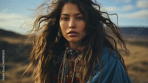 An editorial photo shoot of a Native American woman in her 20s photo