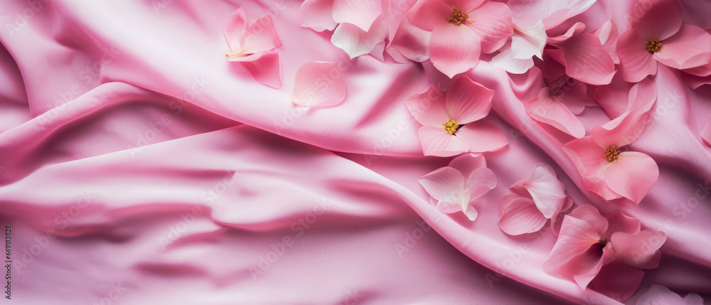Pink silk bed sheet with flowers petals. Top view, flat lay. Satin fabric background. Female romantic mockup. Morning relax leisure. Hotels bedroom.Generative ai.