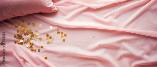 Pink silk bed sheet with golden confetti. Top view, flat lay. Satin fabric background. Female romantic mockup. Morning relax leisure. Hotels bedroom.Generative ai.