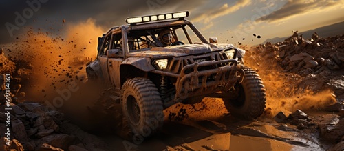 Off road vehicles fly from mud pits in off-road competition