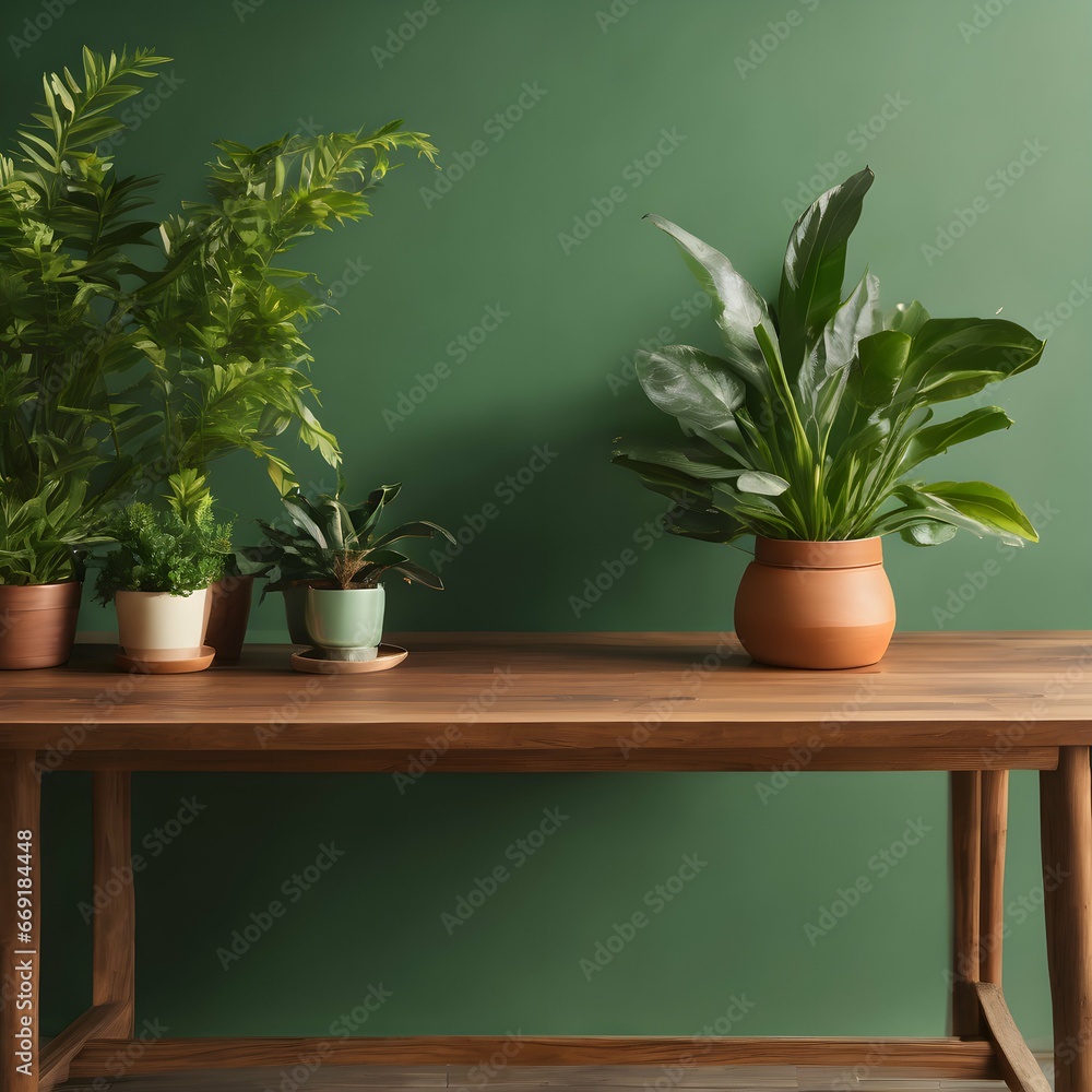 Brown wooden table with potted plants and green wall background Brown wooden table with potted plants and green wall background
