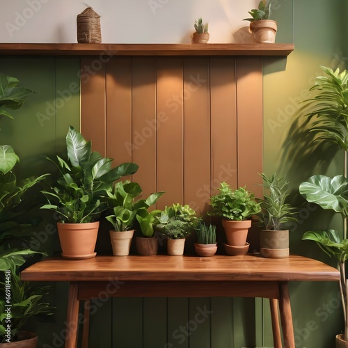 Brown wooden table with potted plants and green wall background