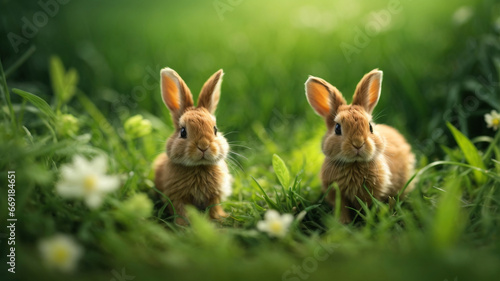 cute small rabbits in the spring grass