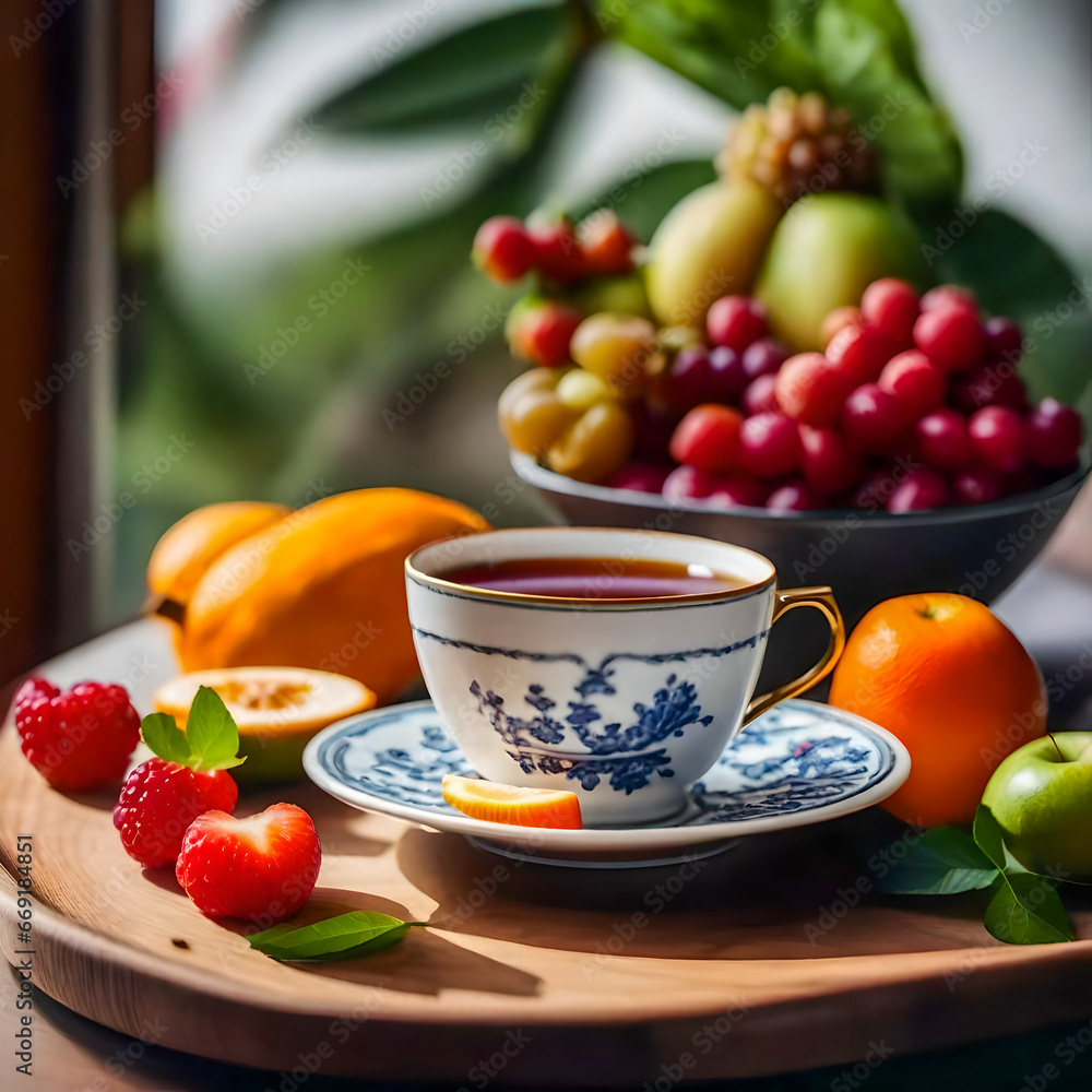 breakfast with tea and fruits breakfast with tea and fruits