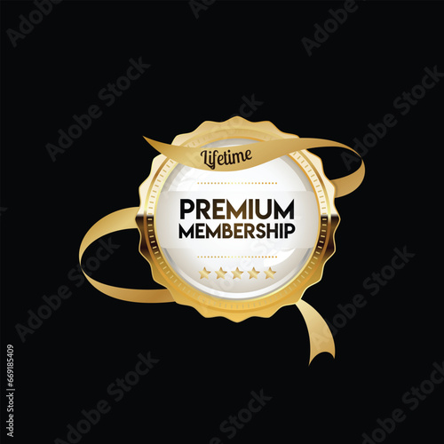 Premium Membership Badge with a premium membership icon and Logo for any premium design in lifetime access and premium quality standard prime. Golden color Premium Membership Badge icon for Lifetime.