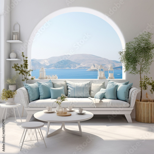 Seascape Coastal Front with Arch, White Couch with Blue pillows, plant in pot, cozy, hygge inspired aesthetic style, boho style, natural, neutral