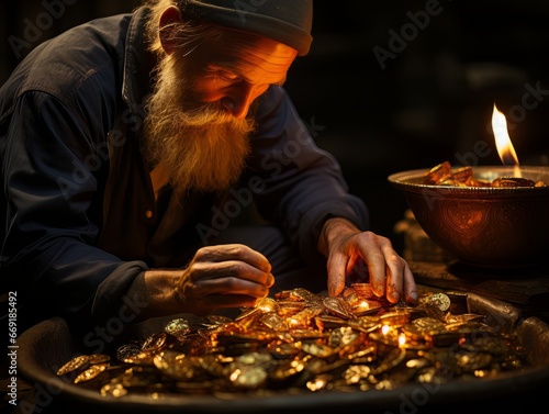 Old man numismatist with gold coins at the table AI