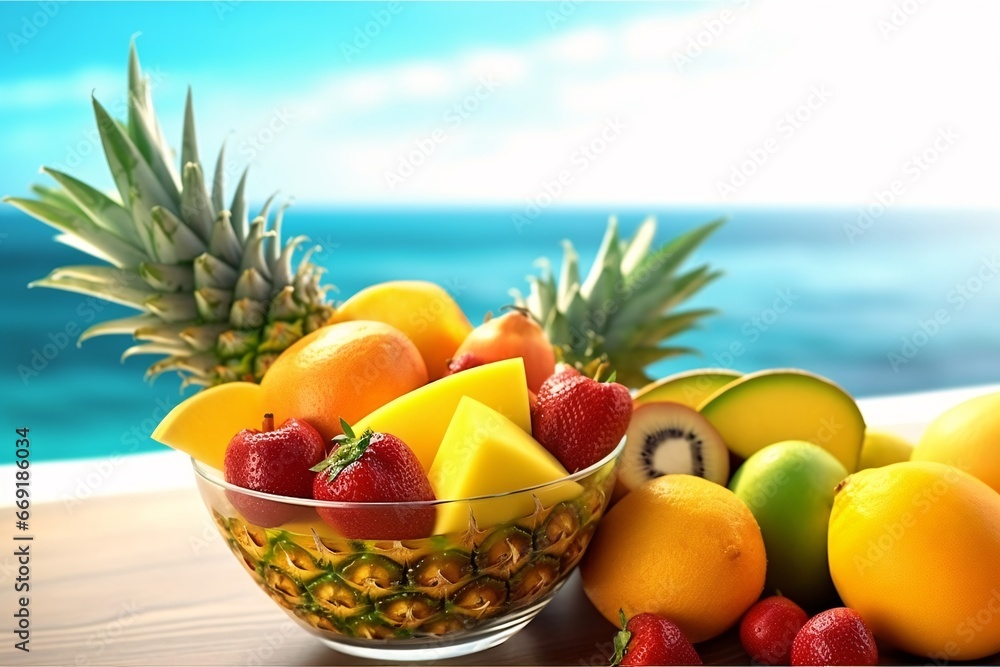 Variety of tropical fruits and cocktails on wooden table near swimming pool