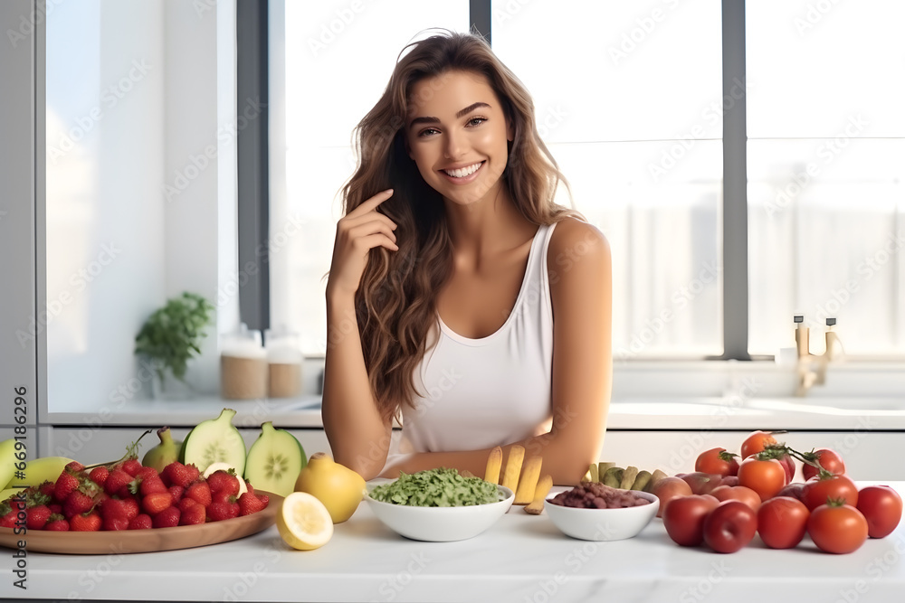 Vegan woman going to eat healthy fruits in kitchen Vegan woman going to eat healthy fruits in kitchen