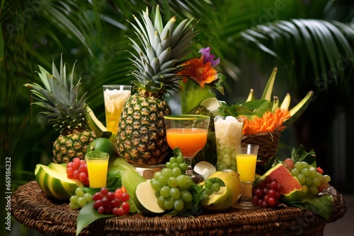 Assorted fresh tropical fruits on a dark background.