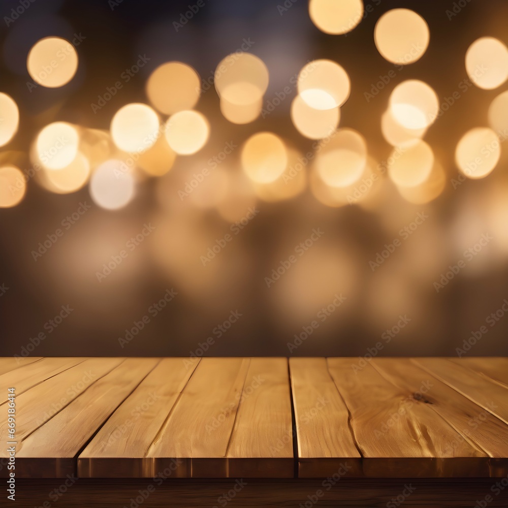 Empty light wooden table with golden bokeh lights background