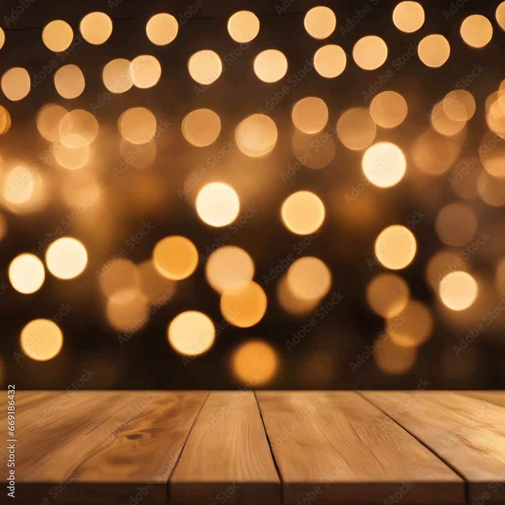 Empty light wooden table with golden bokeh lights background Empty light wooden table with golden bokeh lights background
