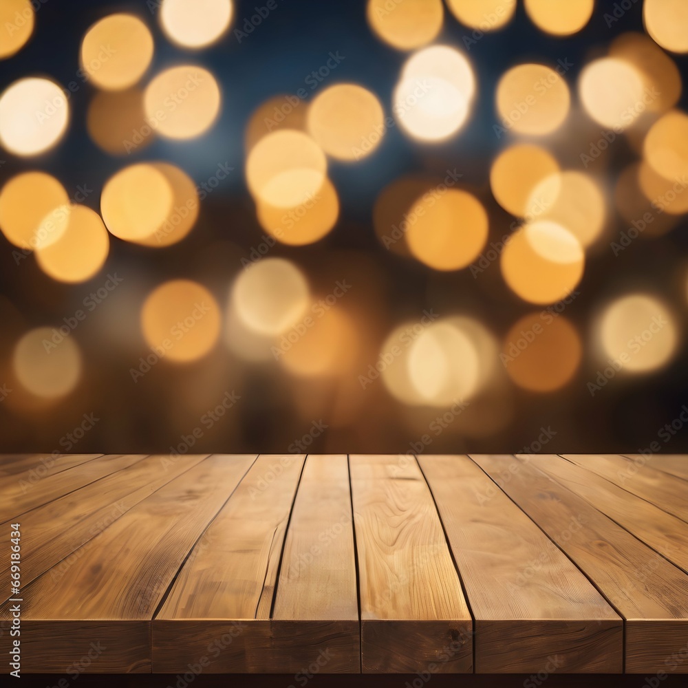 Empty light wooden table with golden bokeh lights background Empty light wooden table with golden bokeh lights background