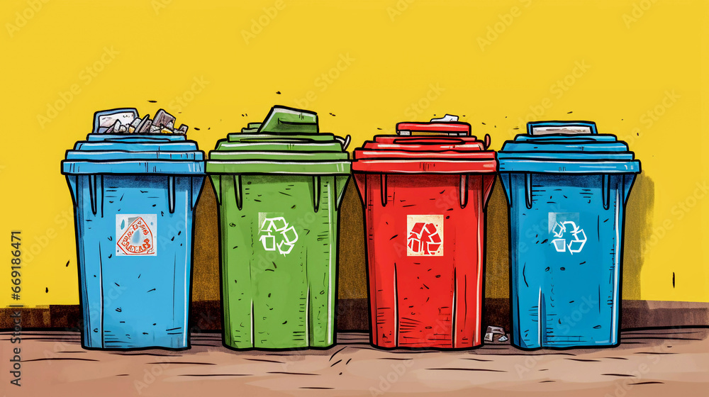funny recycling trash, street garbage, colored waste bins, Generative AI funny recycling trash, street garbage, colored waste bins, Generative AI