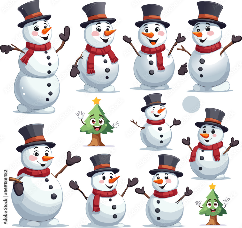 Snowman and  christmas tree. Cheerful christmas snowmen winter outdoor festive happy xmas tree holiday cute characters, flat vector cartoon isolated set