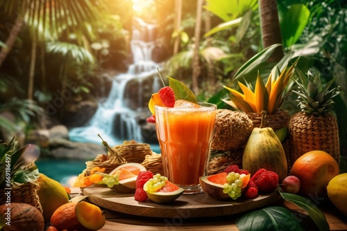 tropical fruit and juice on wooden table with beautiful waterfall background.