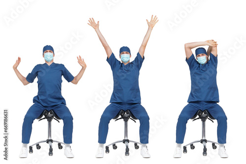 Professional  medical male,stretching arms, back,neck   sitting on mobile saddle - front view