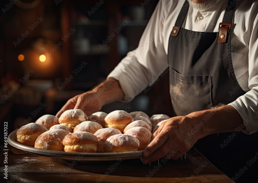 A cinematic shot of a baker carefully arranging sufganiyot on a platter, with a shallow depth of fie