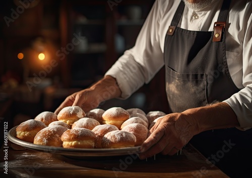 A cinematic shot of a baker carefully arranging sufganiyot on a platter, with a shallow depth of fie