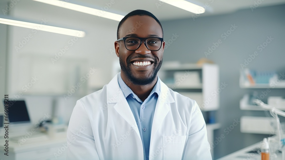 Portrait of smiling attractive african american young male doctor wearing in a white coat standing in a hospital background looking at camera. Good family doctor, therapist advice and friendly. ai. Portrait of smiling attractive african american young male doctor wearing in a white coat standing in a hospital background looking at camera. Good family doctor, therapist advice and friendly. ai.
